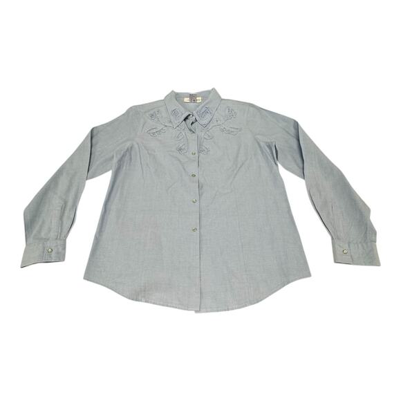 Susan Graver Women's M Blue Pearl Snaps Floral Embroidered Long Sleeve Shirt - Picture 1 of 9